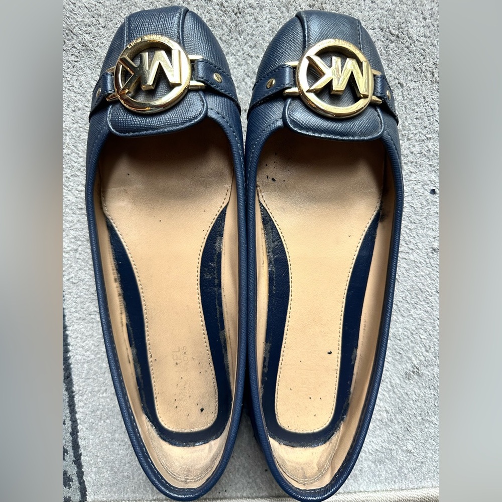 Michael Kors Navy Loafers with Gold Emblem